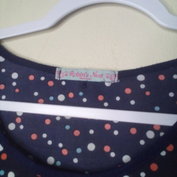 Robin's Nest Shirt Maternity L Short Sleeve Polka Dot Color Block Blue Red - Picture 4 of 15